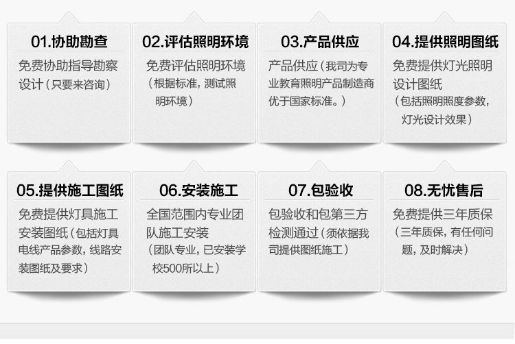 我司提供一站式教育照明解決方案：1、免費(fèi)協(xié)助指導(dǎo)勘察設(shè)計(jì)（只要來(lái)咨詢(xún)）2、免費(fèi)評(píng)估照明環(huán)境（根據(jù)標(biāo)準(zhǔn)，測(cè)試照明環(huán)境）3、產(chǎn)品供應(yīng)（我司為專(zhuān)業(yè)教育照明產(chǎn)品制造商，優(yōu)于國(guó)家標(biāo)準(zhǔn)。）4、免費(fèi)提供燈光照明設(shè)計(jì)圖紙（包括照明照度參數(shù)，燈光設(shè)計(jì)效果）5、免費(fèi)提供燈具施工安裝圖紙（包括燈具/電線產(chǎn)品參數(shù)，線路安裝圖紙及要求）6、全國(guó)范圍內(nèi)專(zhuān)業(yè)團(tuán)隊(duì)施工安裝（團(tuán)隊(duì)專(zhuān)業(yè)，已安裝學(xué)校500所以上）7、包驗(yàn)收和包第三方檢測(cè)通過(guò)（須依據(jù)我司提供圖紙施工）8、免費(fèi)提供三年質(zhì)保（三年質(zhì)保，有任何問(wèn)題，及時(shí)解決）